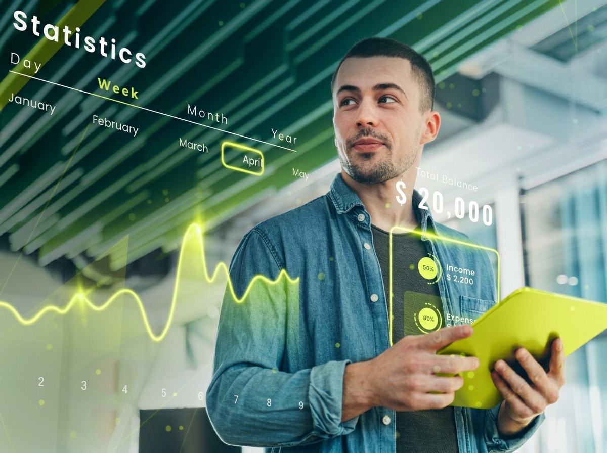 An analyst reviewing financial statistics and AI-driven insights on a tablet