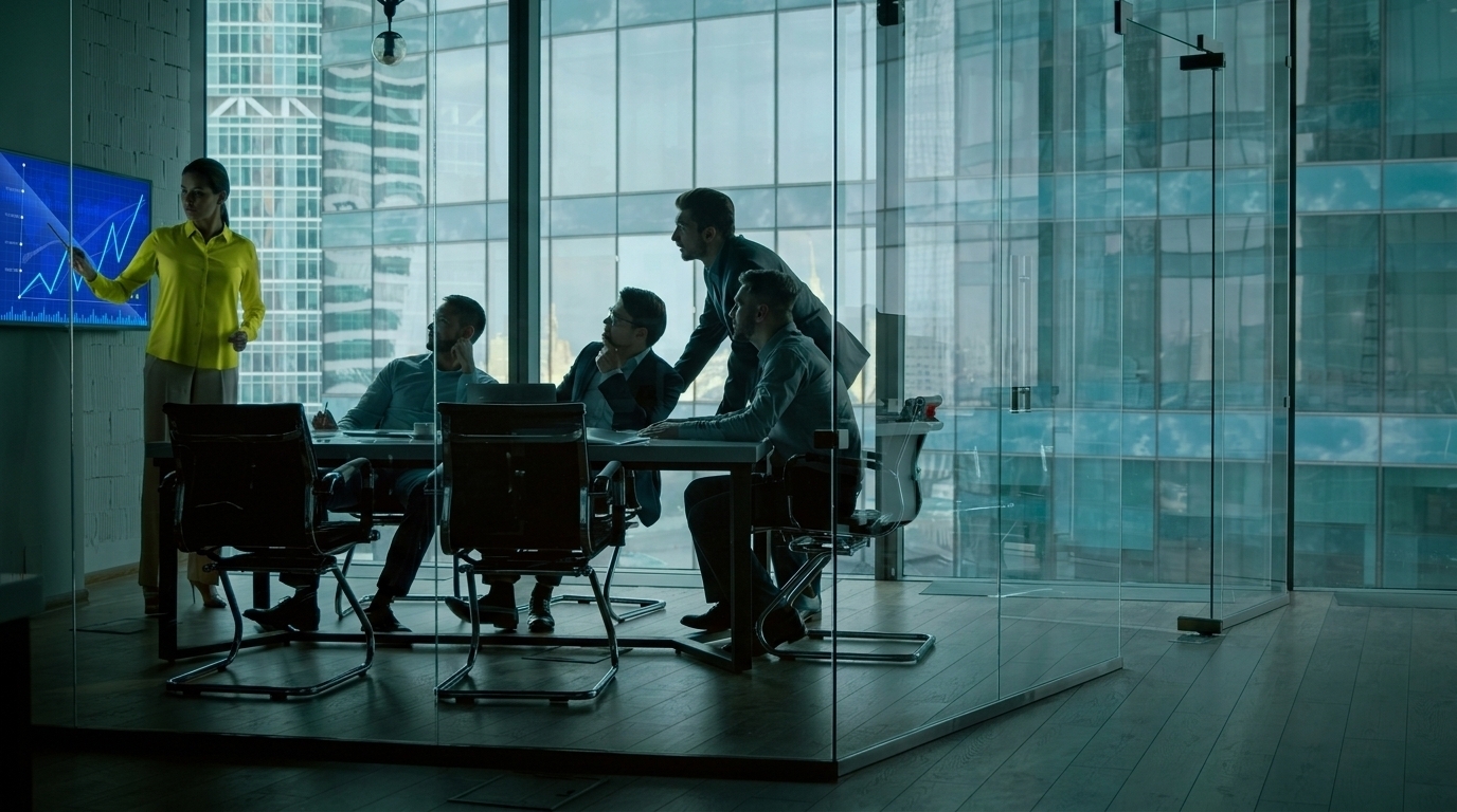 A bank technology team collaborating in a glass boardroom with analytics screens