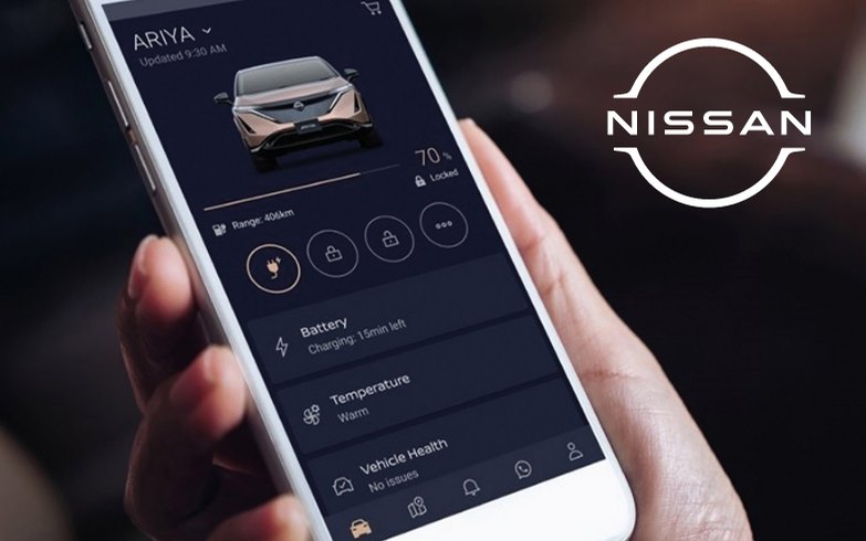 The Nissan app on a phone, showing an Ariya's battery and climate status