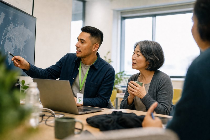 Two Globers in a working session in front of a laptop