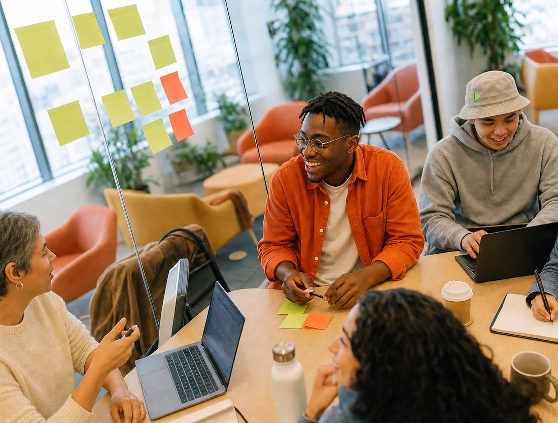 A Globant team working at a shared desk