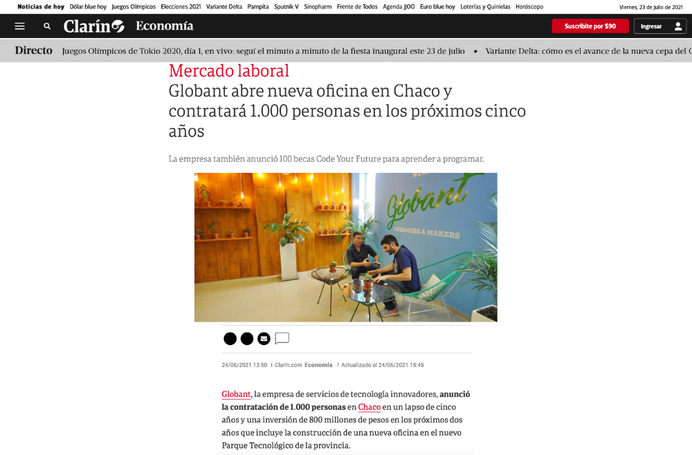 Oficinas nuevas de Globant en Chaco, Argentina, contratación de más de mil empleados, 1,000