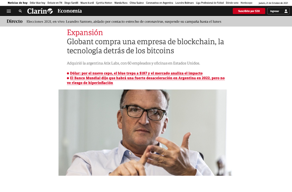 Clarín: Globant compra una empresa de blockchain, la tecnología detrás de los bitcoins