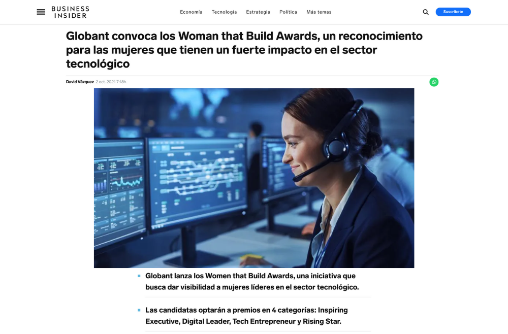 Globant convoca los Woman that Build Awards, un reconocimiento para las mujeres que tienen un fuerte impacto en el sector tecnológico