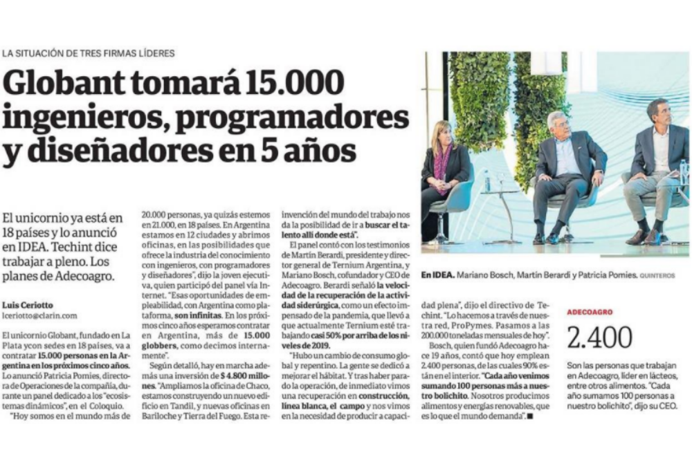 Clarín: Globant tomará 15.000 ingenieros, programadores y diseñadores en 5 años