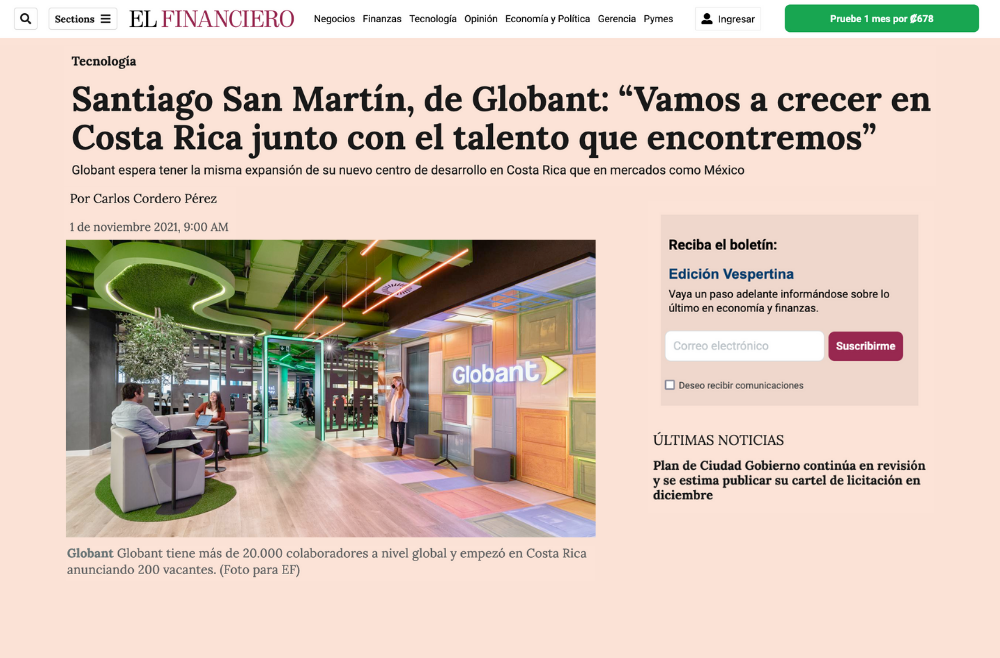 El Financiero: Santiago San Martín, de Globant: "Vamos a crecer en Costa Rica junto con el talento que encontremos"